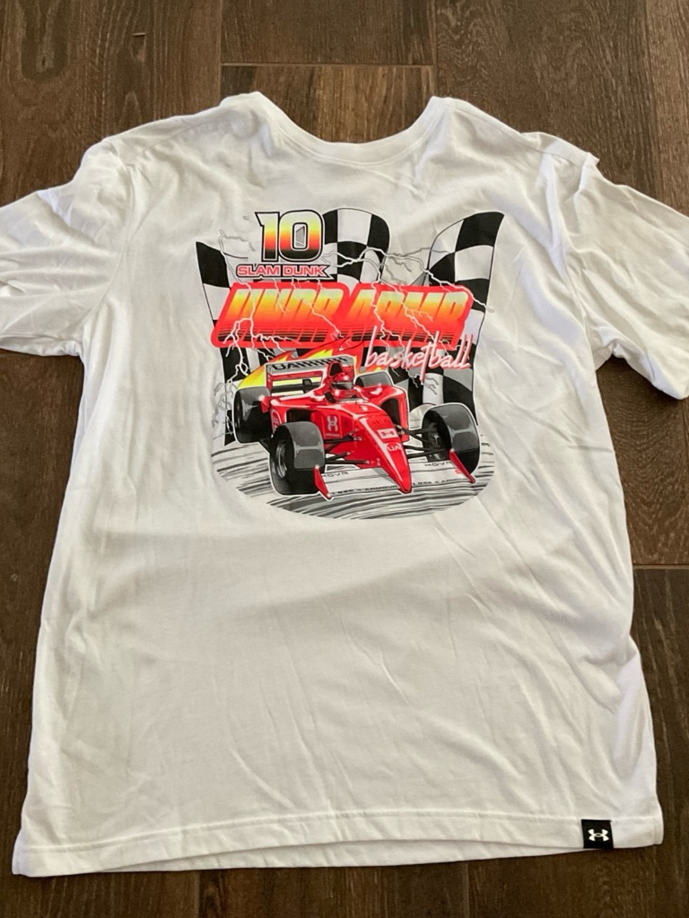 Under Armour White Tee with Red Race Car Graphic